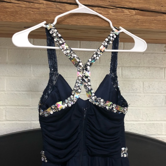 Navy Blue Prom dress with rhinestones. - Picture 5 of 6
